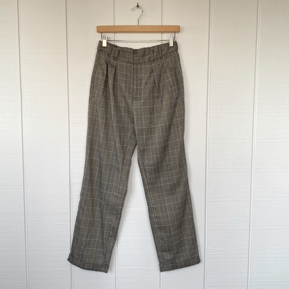 High Rise Plaid Trousers w/ Pleated Waist and Cuffed Hem